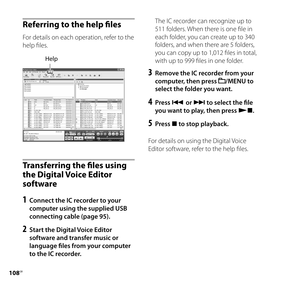 Referring to the help files, Voice editor software | Sony IC RECORDER ICD-SX750 User Manual | Page 108 / 136