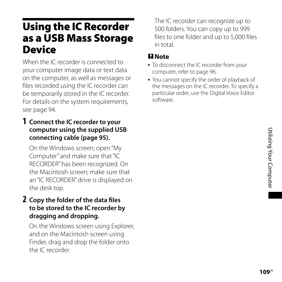 Using the ic recorder as a usb mass storage device, Using the ic recorder as a usb mass, Storage device | Sony IC RECORDER ICD-SX750 User Manual | Page 109 / 136