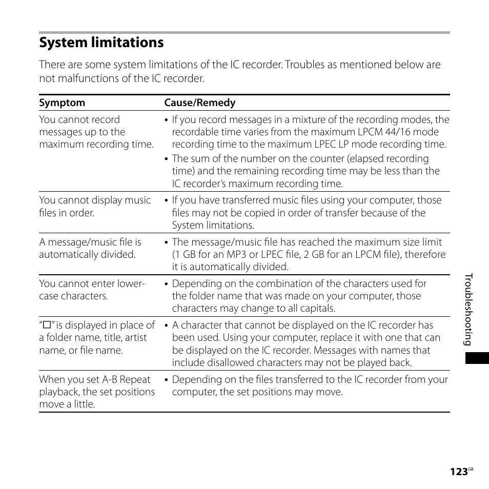 System limitations | Sony IC RECORDER ICD-SX750 User Manual | Page 123 / 136