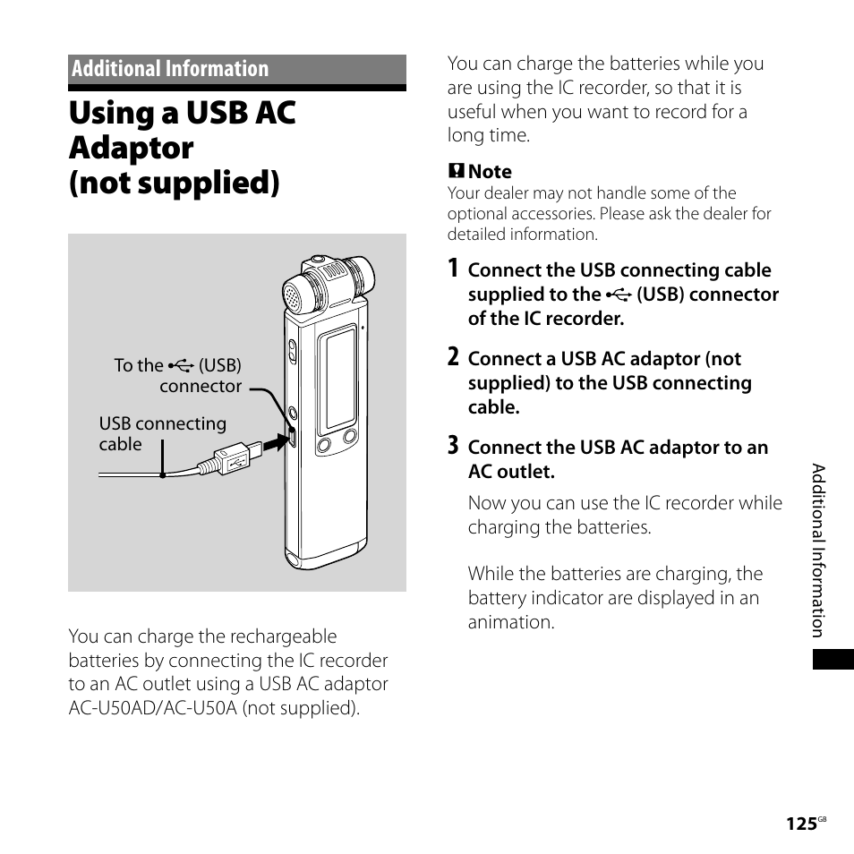 Additional information, Using a usb ac adaptor (not supplied), Using a usb ac adaptor | Not supplied) | Sony IC RECORDER ICD-SX750 User Manual | Page 125 / 136