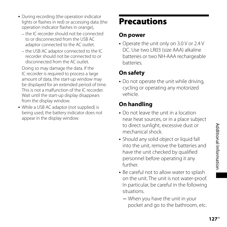 Precautions, On power, On safety | On handling | Sony IC RECORDER ICD-SX750 User Manual | Page 127 / 136