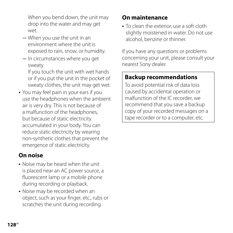 On noise, On maintenance, Backup recommendations | Sony IC RECORDER ICD-SX750 User Manual | Page 128 / 136