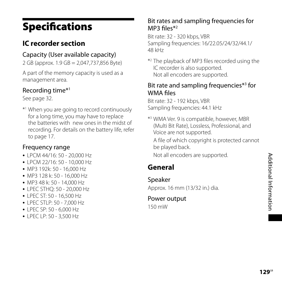 Specifications, General | Sony IC RECORDER ICD-SX750 User Manual | Page 129 / 136