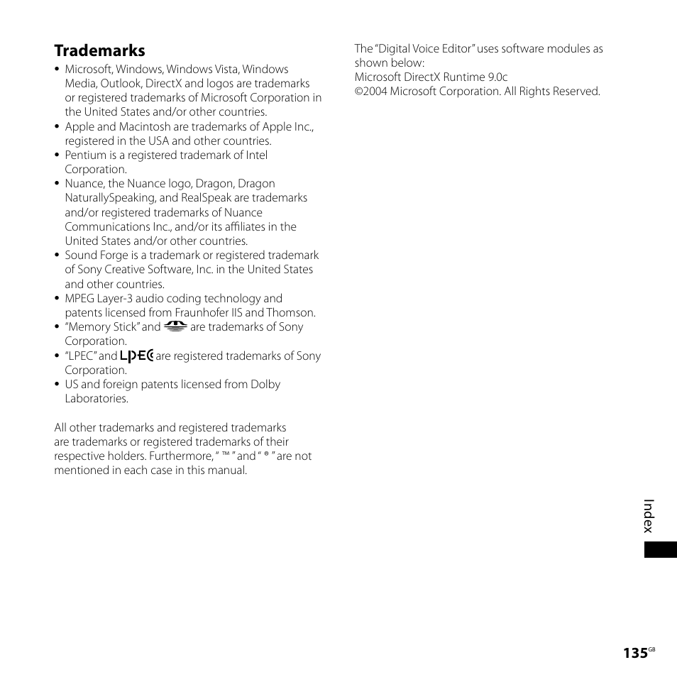 Trademarks | Sony IC RECORDER ICD-SX750 User Manual | Page 135 / 136