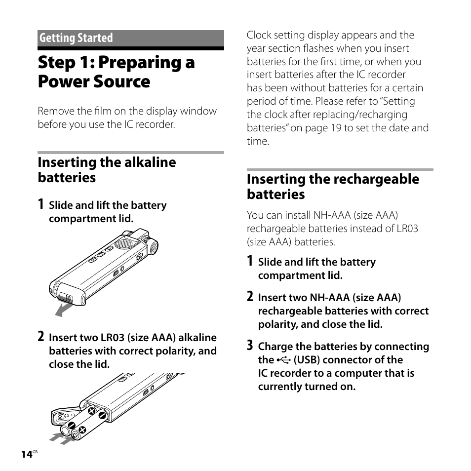 Getting started, Step 1: preparing a power source, Inserting the alkaline batteries | Inserting the rechargeable batteries, Batteries | Sony IC RECORDER ICD-SX750 User Manual | Page 14 / 136