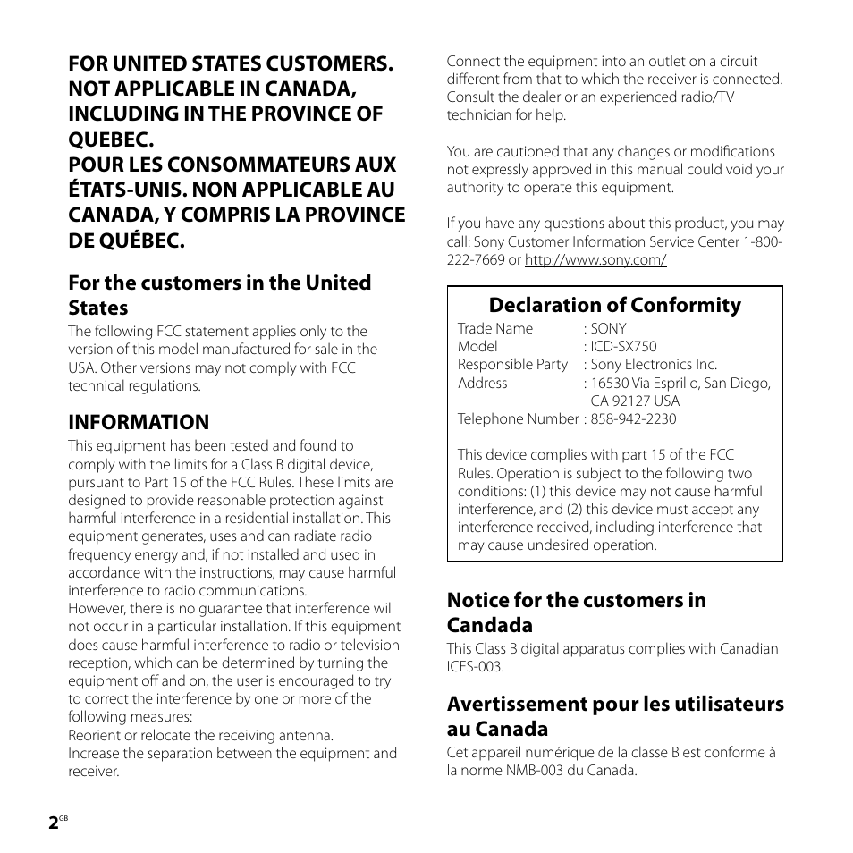 Information, Declaration of conformity, Notice for the customers in candada | Avertissement pour les utilisateurs au canada | Sony IC RECORDER ICD-SX750 User Manual | Page 2 / 136