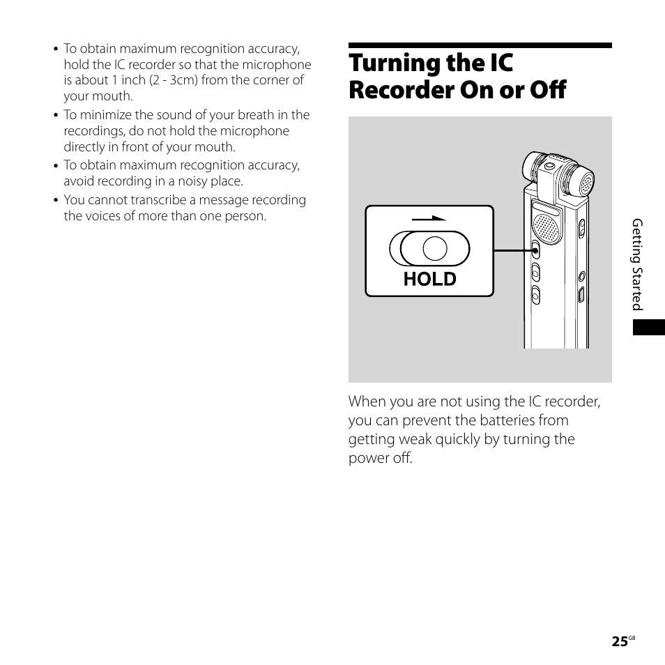 Turning the ic recorder on or off | Sony IC RECORDER ICD-SX750 User Manual | Page 25 / 136