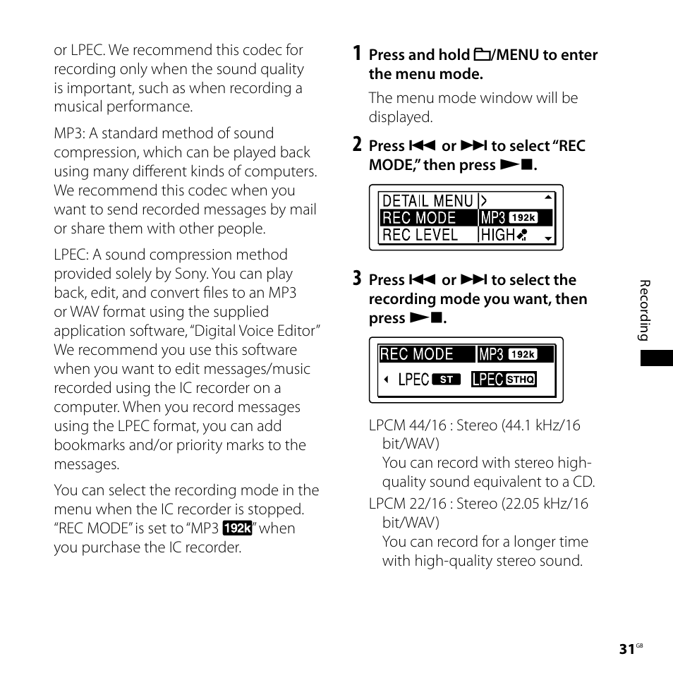 Sony IC RECORDER ICD-SX750 User Manual | Page 31 / 136