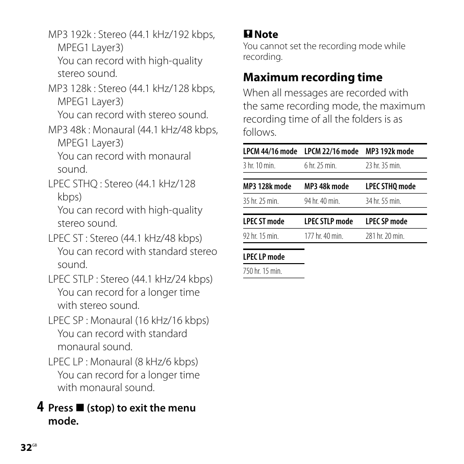 Maximum recording time | Sony IC RECORDER ICD-SX750 User Manual | Page 32 / 136