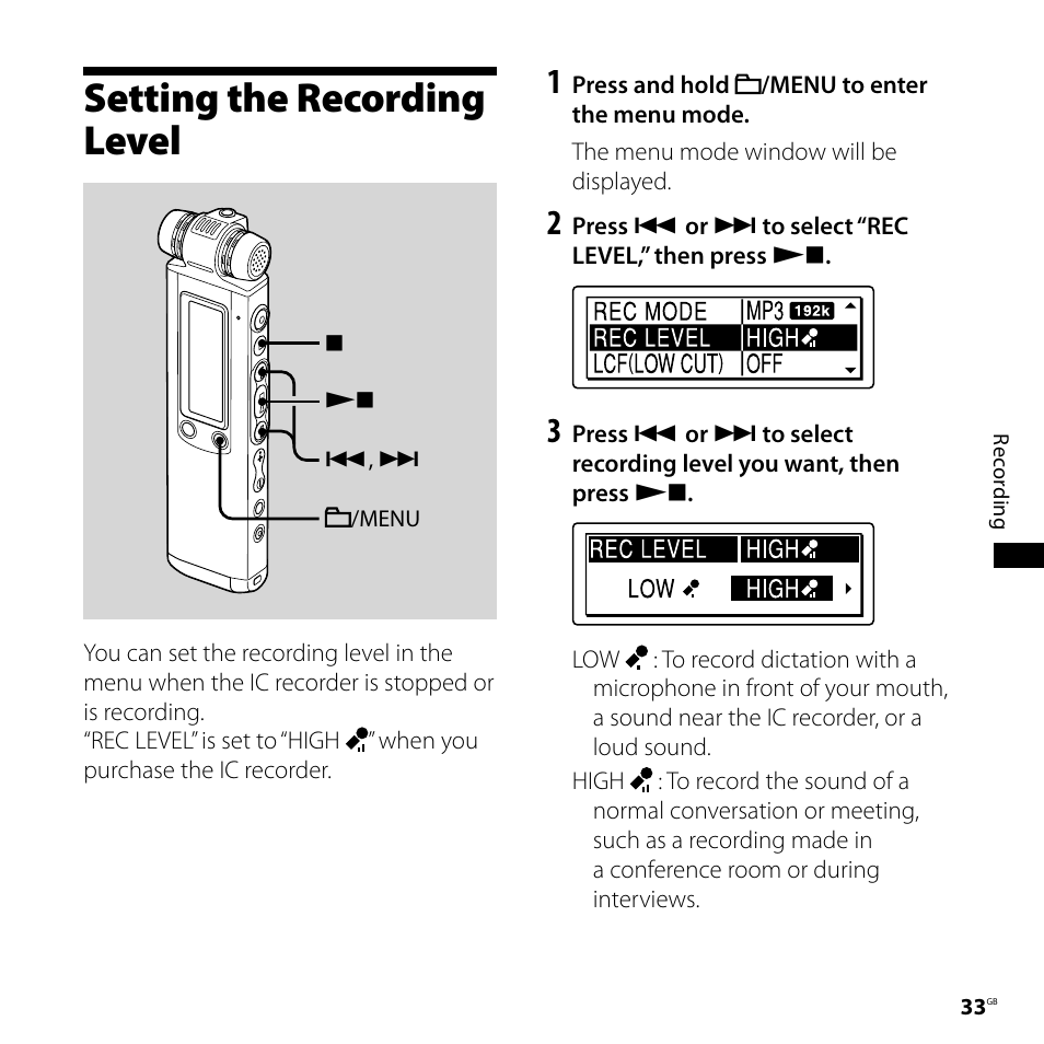 Setting the recording level | Sony IC RECORDER ICD-SX750 User Manual | Page 33 / 136