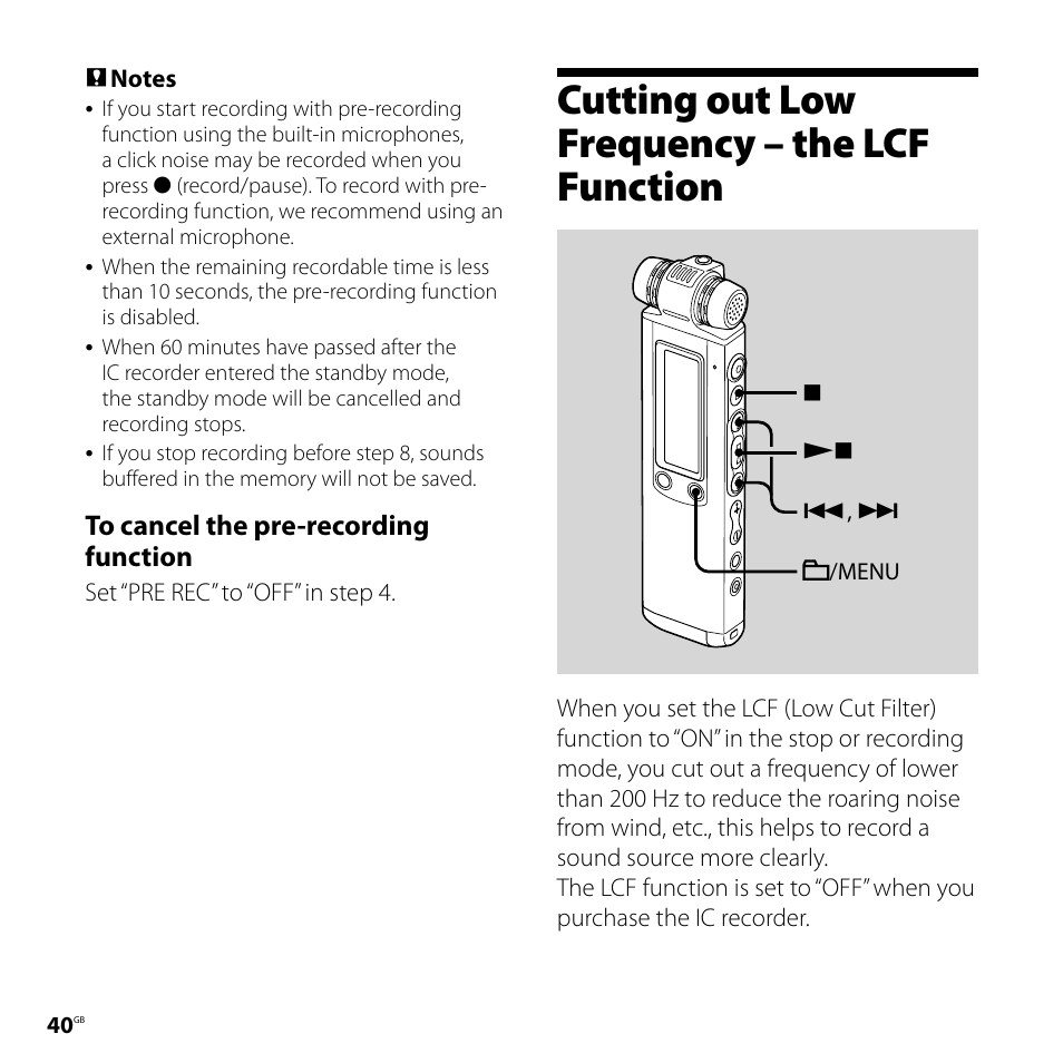 Cutting out low frequency – the lcf function, Cutting out low frequency, The lcf function | Sony IC RECORDER ICD-SX750 User Manual | Page 40 / 136