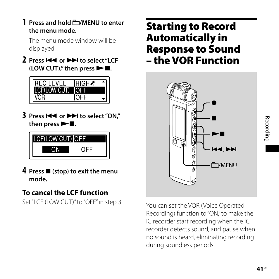 Starting to record automatically in, Response to sound, The vor function | Sony IC RECORDER ICD-SX750 User Manual | Page 41 / 136