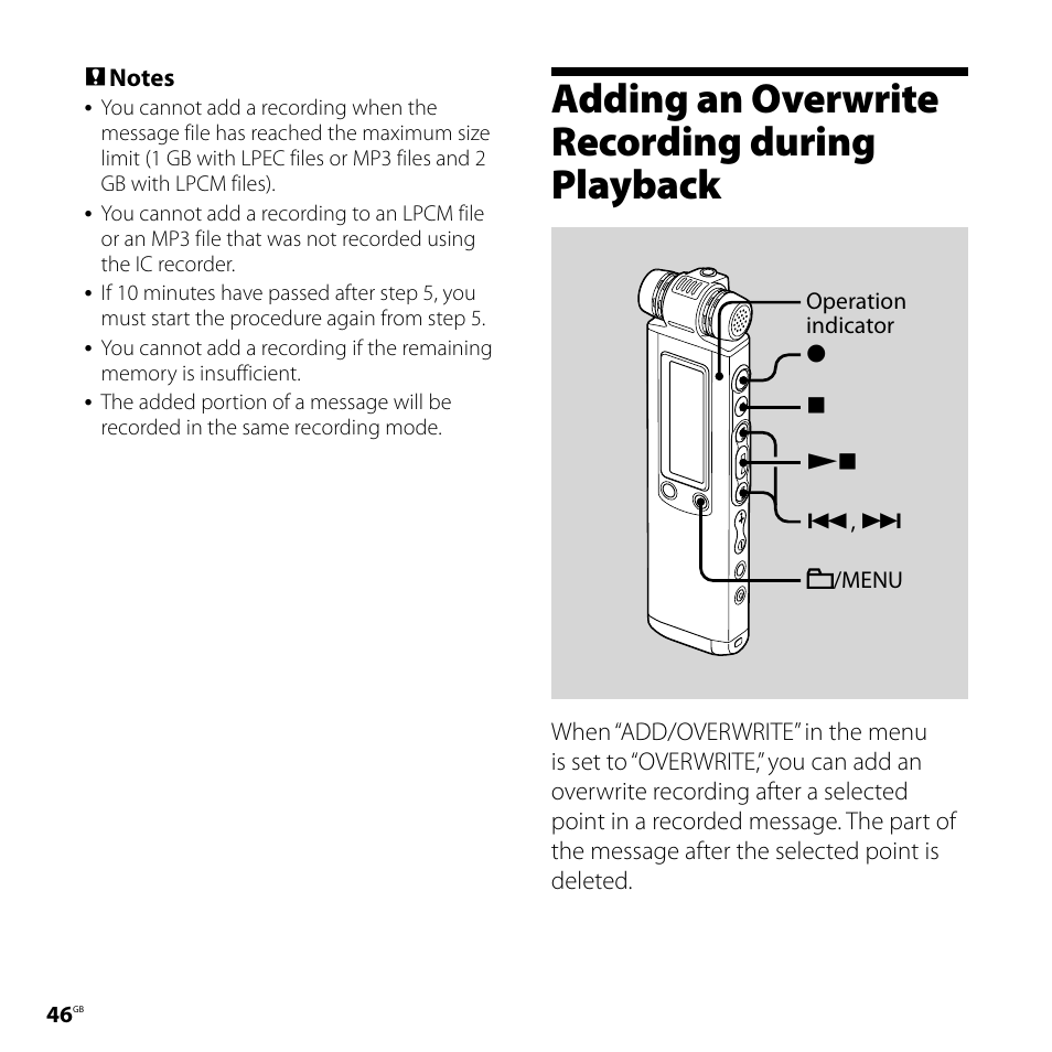 Adding an overwrite recording during playback, Adding an overwrite recording during, Playback | Sony IC RECORDER ICD-SX750 User Manual | Page 46 / 136