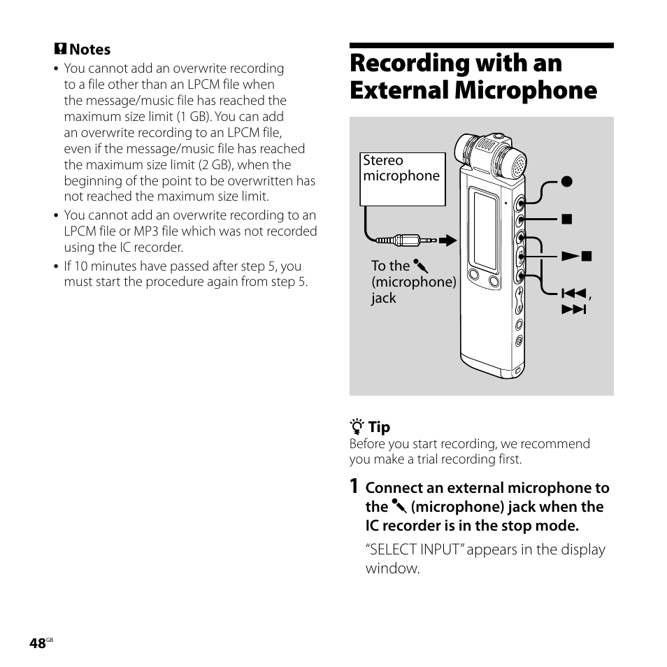 Recording with an external microphone, Recording with an external, Microphone | Sony IC RECORDER ICD-SX750 User Manual | Page 48 / 136