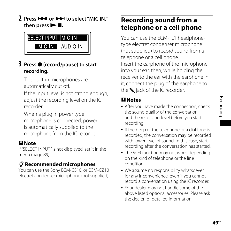 Recording sound from a telephone or a cell phone, Recording sound from a telephone, Or a cell phone | Sony IC RECORDER ICD-SX750 User Manual | Page 49 / 136