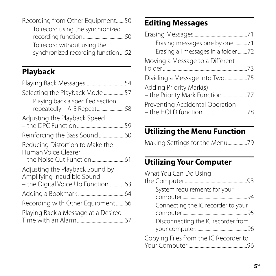 Playback, Editing messages, Utilizing the menu function | Utilizing your computer | Sony IC RECORDER ICD-SX750 User Manual | Page 5 / 136