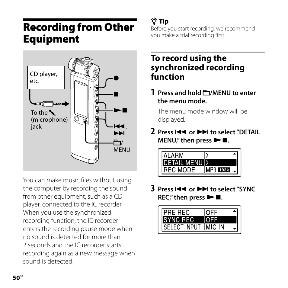 Recording from other equipment, To record using the synchronized, Recording function | Sony IC RECORDER ICD-SX750 User Manual | Page 50 / 136