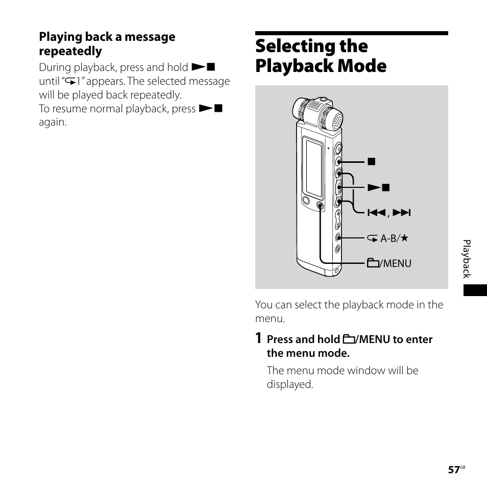 Selecting the playback mode | Sony IC RECORDER ICD-SX750 User Manual | Page 57 / 136