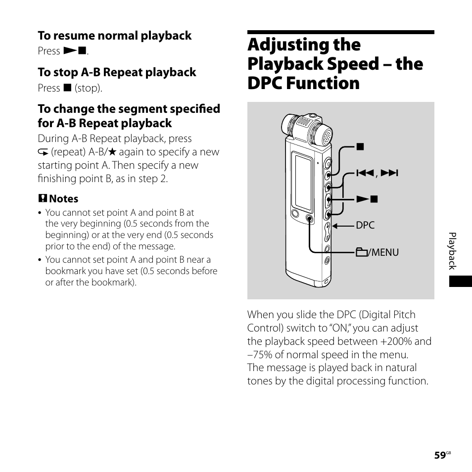 Adjusting the playback speed – the dpc function, Adjusting the playback speed, The dpc function | Sony IC RECORDER ICD-SX750 User Manual | Page 59 / 136