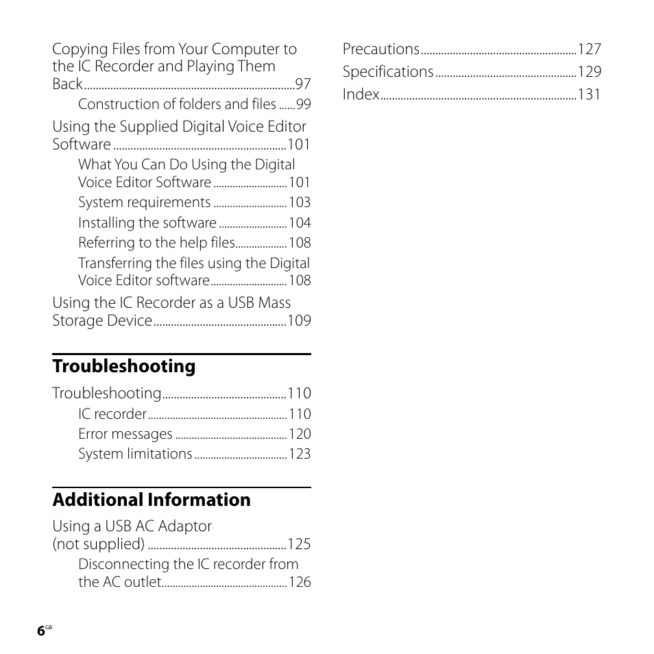 Troubleshooting, Additional information | Sony IC RECORDER ICD-SX750 User Manual | Page 6 / 136