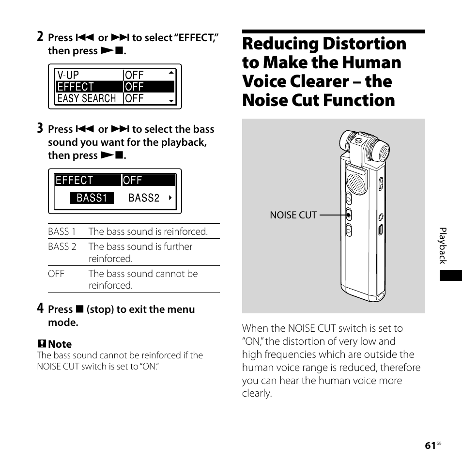 Reducing distortion to make the, Human voice clearer, The noise cut function | Sony IC RECORDER ICD-SX750 User Manual | Page 61 / 136