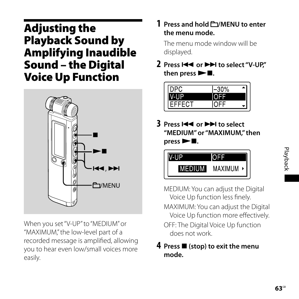 Adjusting the playback sound by, Amplifying inaudible sound, The digital voice up function | Sony IC RECORDER ICD-SX750 User Manual | Page 63 / 136