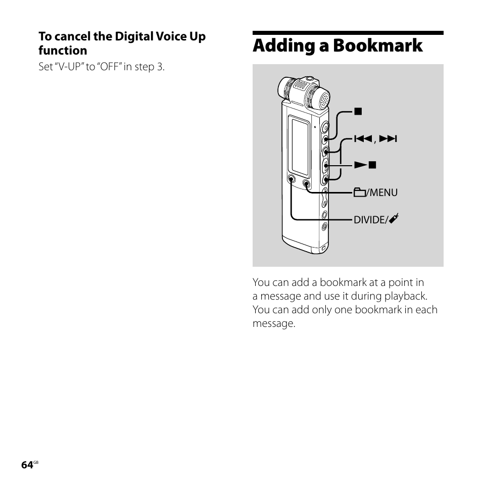 Adding a bookmark | Sony IC RECORDER ICD-SX750 User Manual | Page 64 / 136