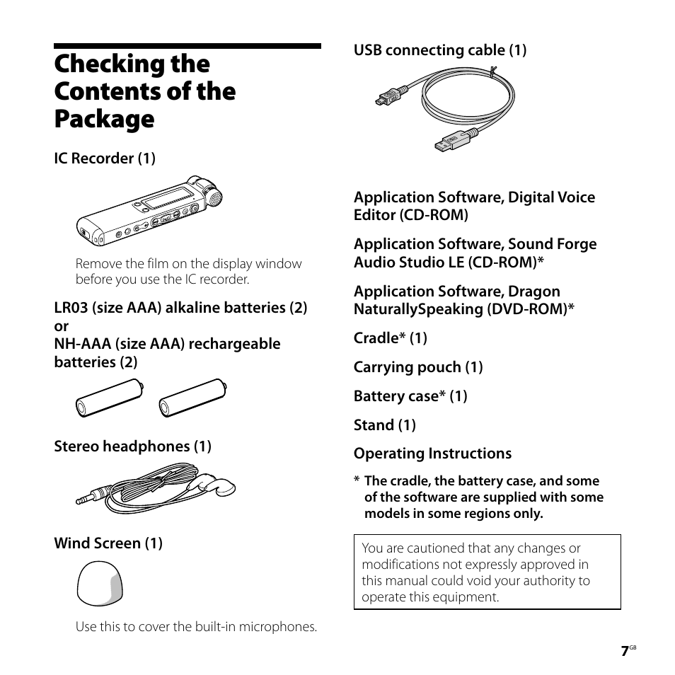 Checking the contents of the package, Checking the contents of, The package | Sony IC RECORDER ICD-SX750 User Manual | Page 7 / 136