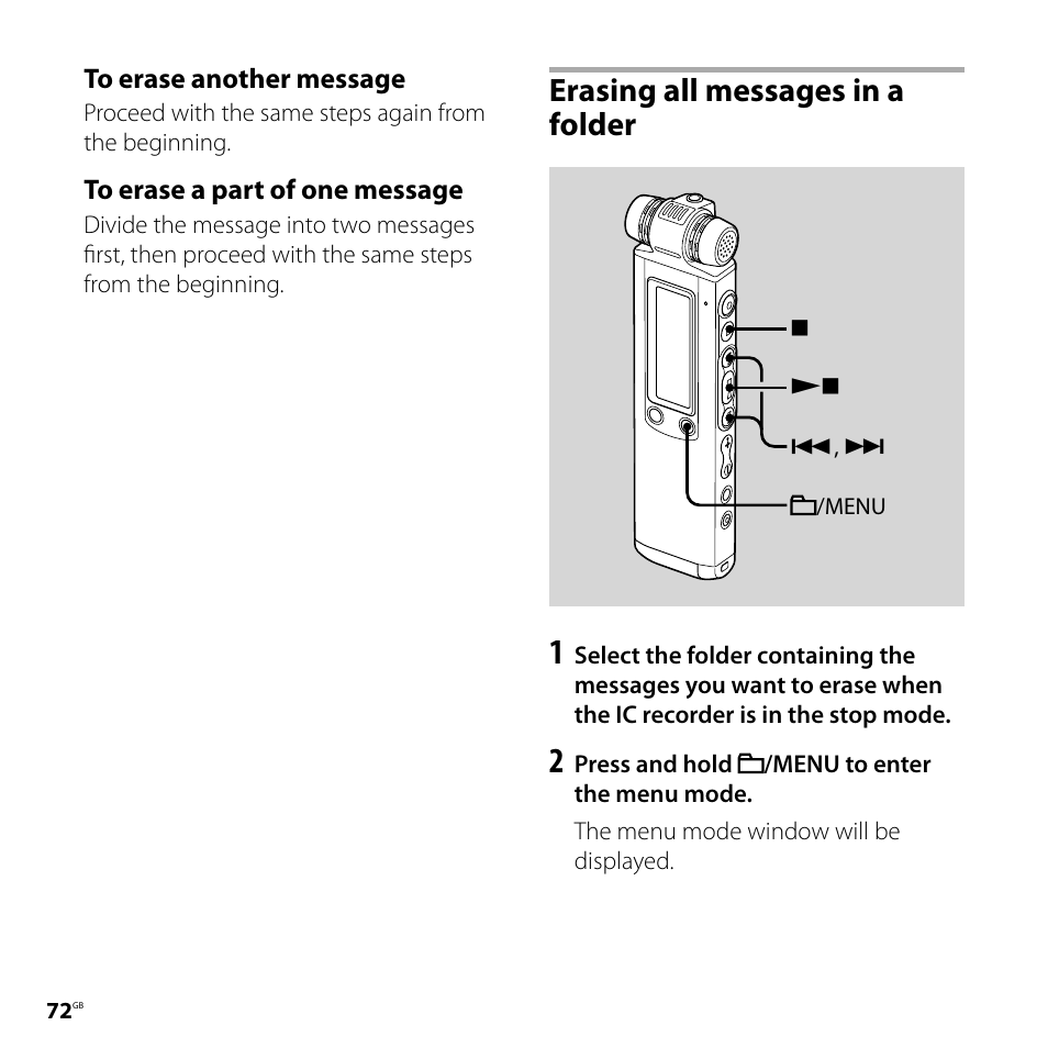 Erasing all messages in a folder | Sony IC RECORDER ICD-SX750 User Manual | Page 72 / 136