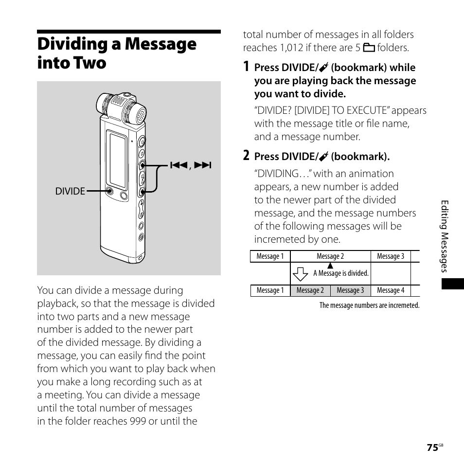 Dividing a message into two | Sony IC RECORDER ICD-SX750 User Manual | Page 75 / 136