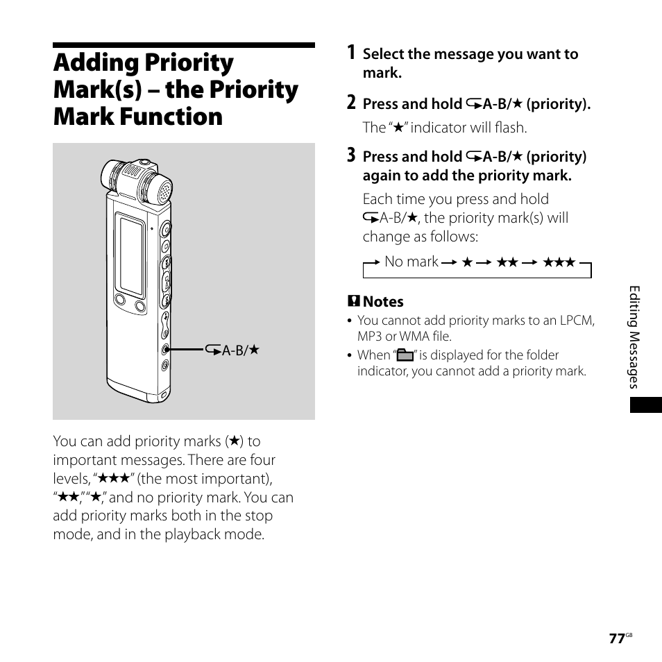 Adding priority mark(s), The priority mark function | Sony IC RECORDER ICD-SX750 User Manual | Page 77 / 136