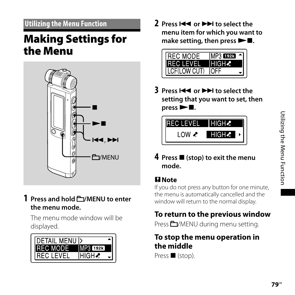 Utilizing the menu function, Making settings for the menu | Sony IC RECORDER ICD-SX750 User Manual | Page 79 / 136