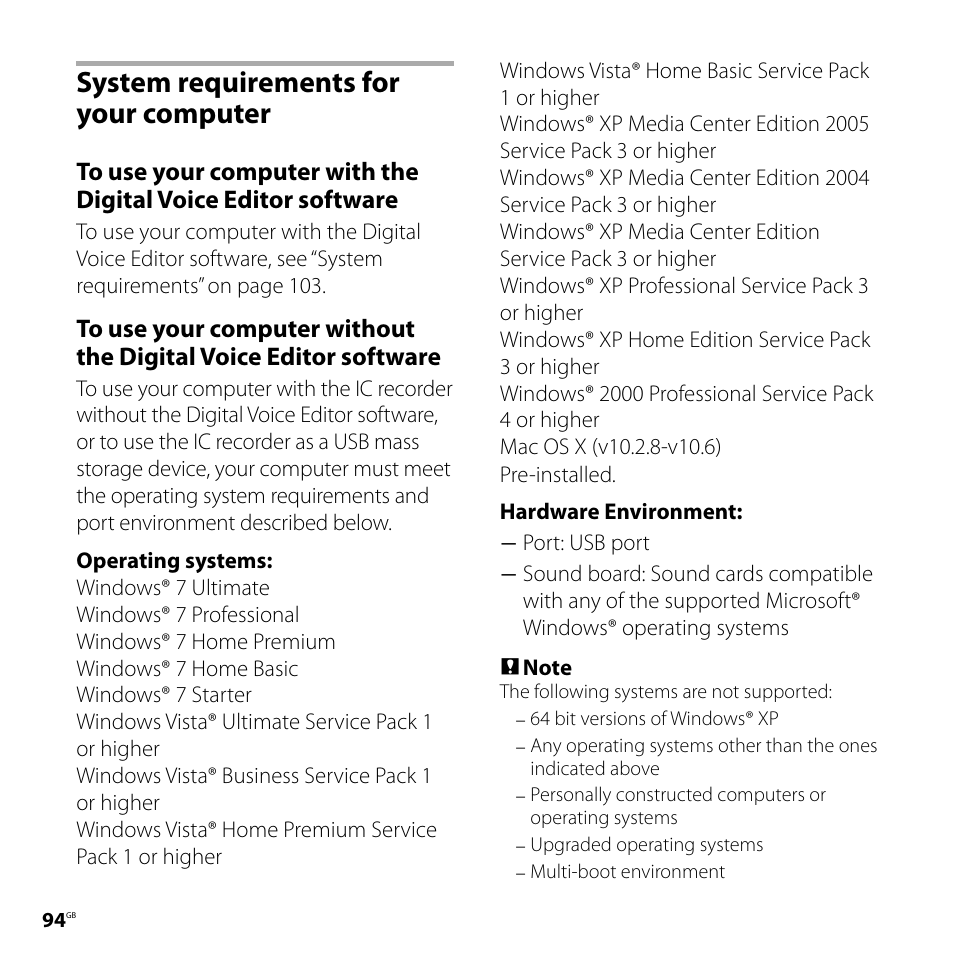 System requirements for your computer, System requirements for your, Computer | Sony IC RECORDER ICD-SX750 User Manual | Page 94 / 136