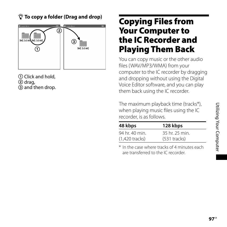 Copying files from your computer to, The ic recorder and playing them, Back | Sony IC RECORDER ICD-SX750 User Manual | Page 97 / 136