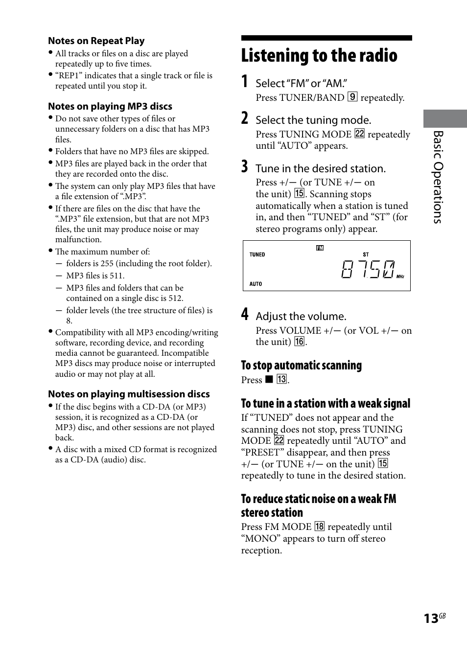 Listening to the radio, Basic oper ations | Sony CMT-BX3R User Manual | Page 13 / 32