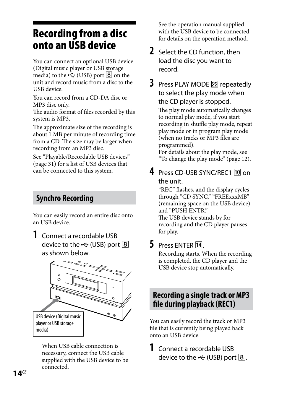 Recording from a disc onto an usb device, Recording from a disc onto an usb, Device | Synchro recording | Sony CMT-BX3R User Manual | Page 14 / 32