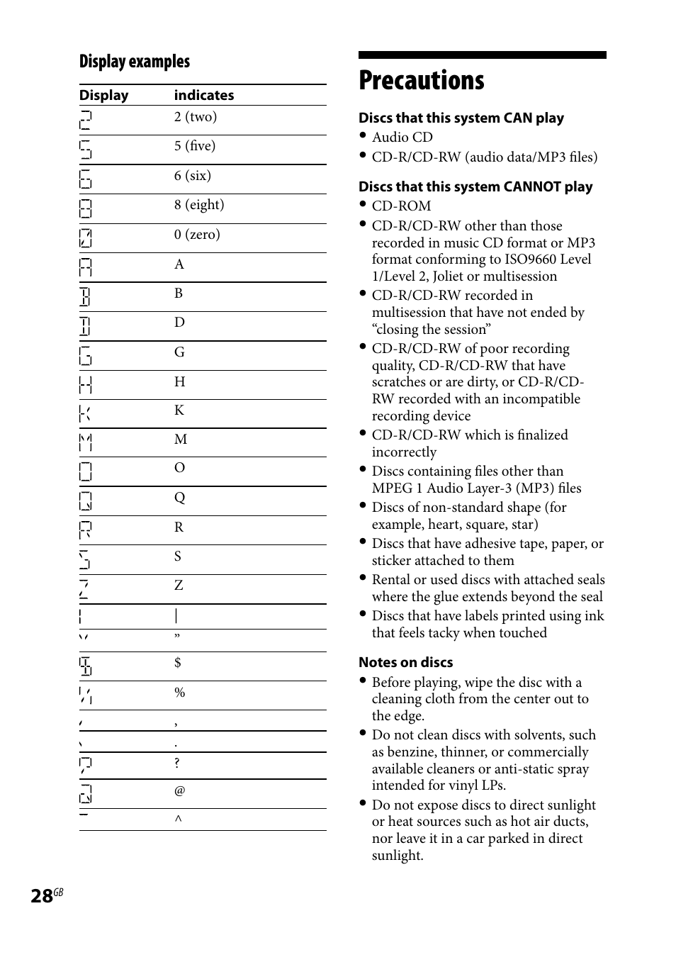 Precautions, Display examples | Sony CMT-BX3R User Manual | Page 28 / 32