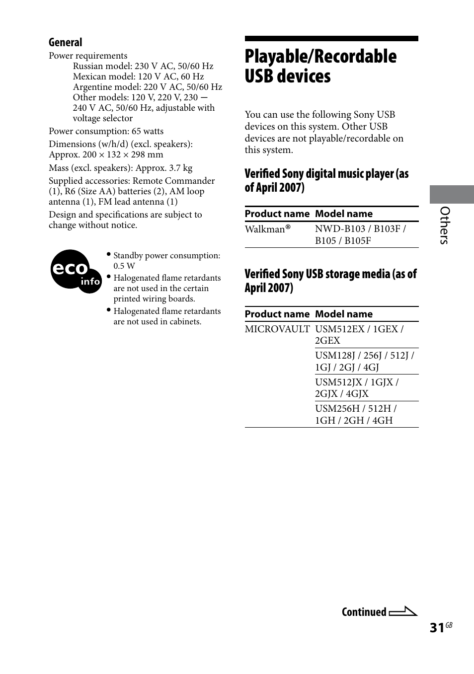 Playable/recordable usb devices, Playable/recordable usb, Devices | Others, Verified sony usb storage media (as of april 2007) | Sony CMT-BX3R User Manual | Page 31 / 32