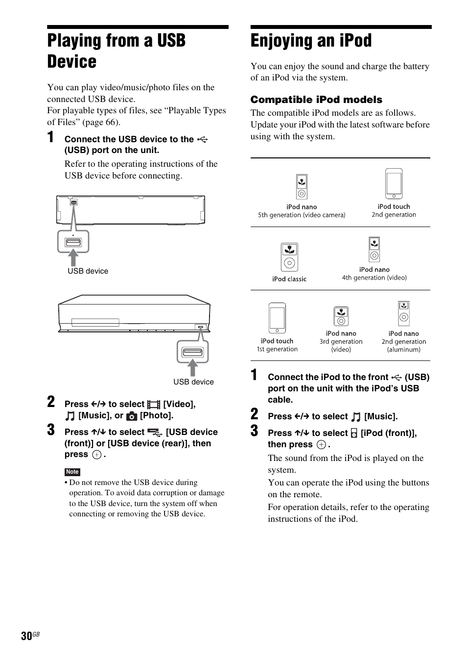 Playing from a usb device, Enjoying an ipod, Playing from a usb device enjoying an ipod | E 30) | Sony 4-178-247-11(1) User Manual | Page 30 / 76