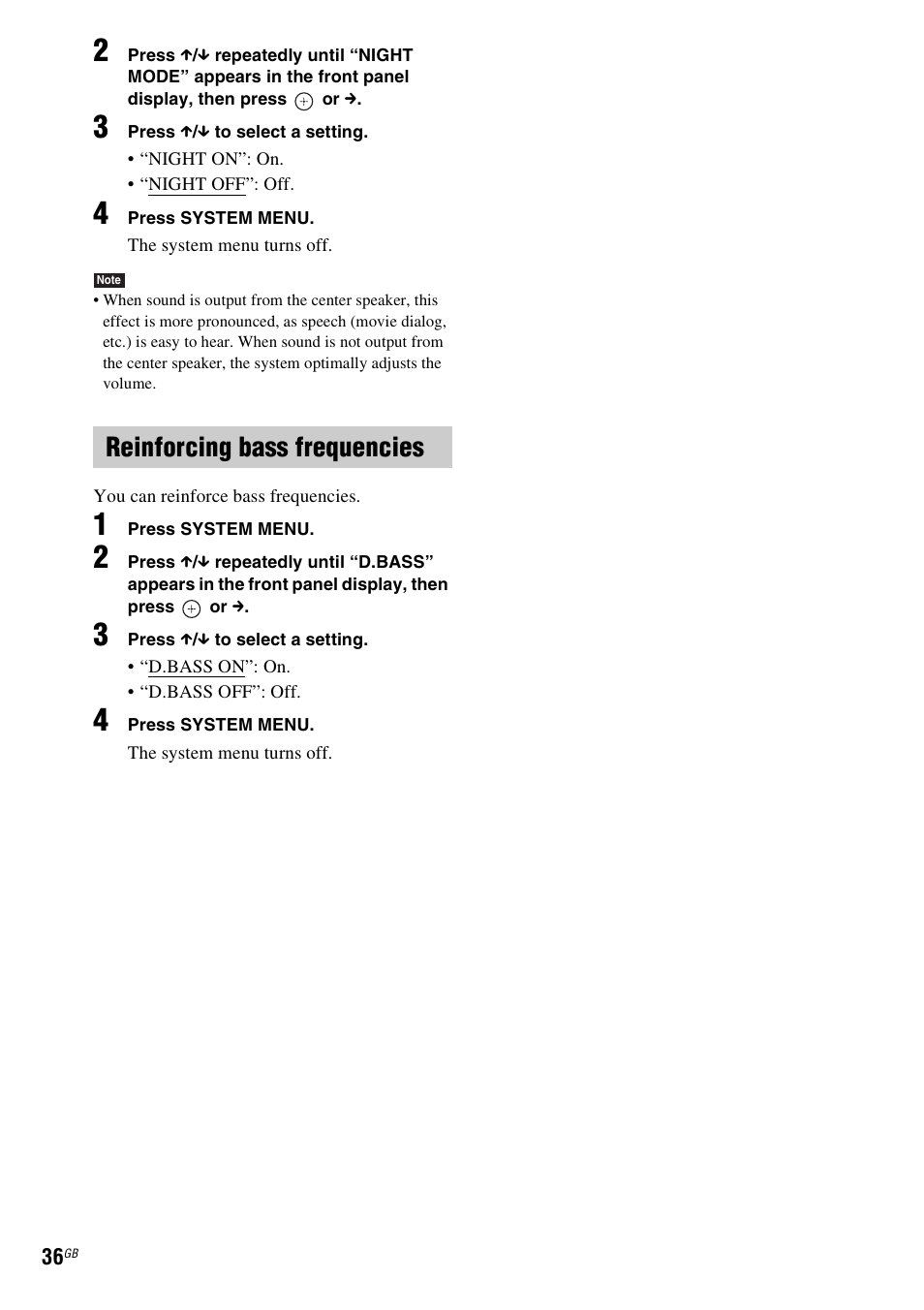 Reinforcing bass frequencies | Sony 4-178-247-11(1) User Manual | Page 36 / 76