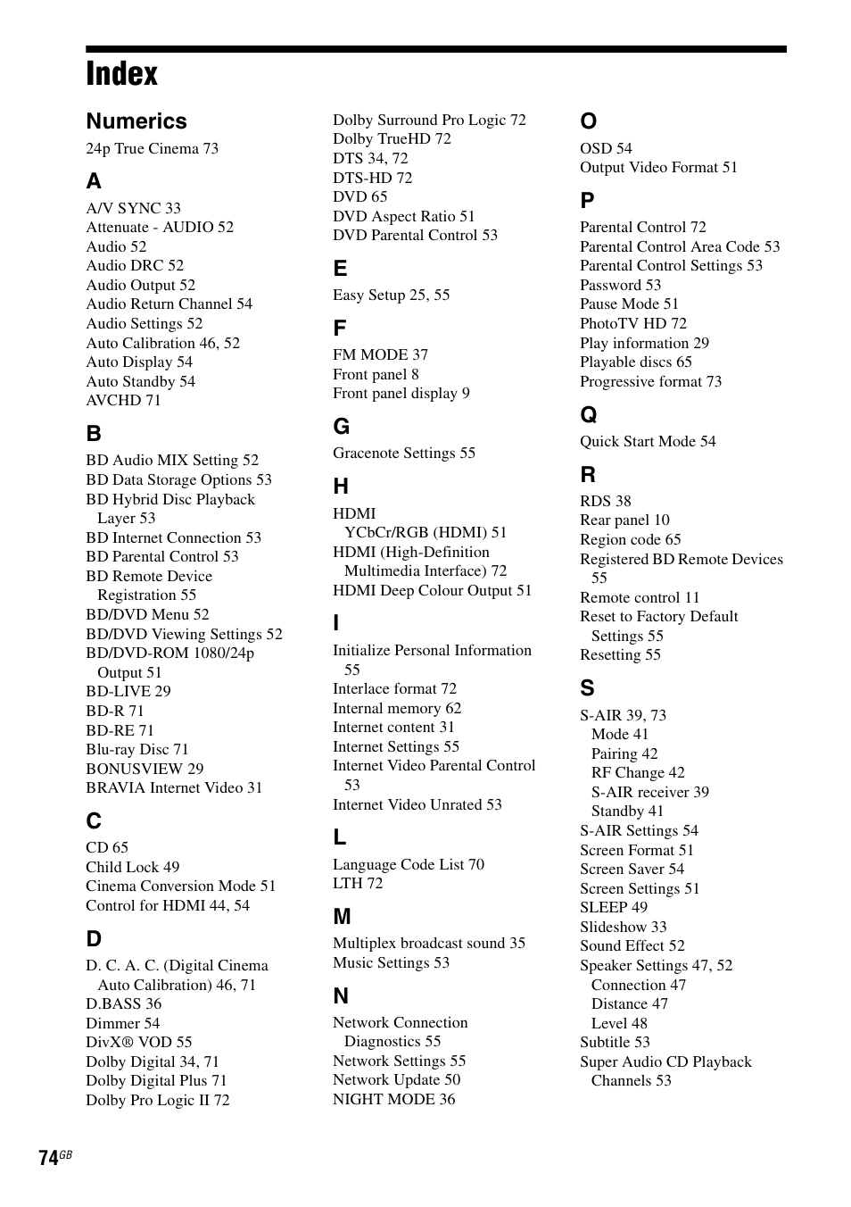 Index, Numerics | Sony 4-178-247-11(1) User Manual | Page 74 / 76