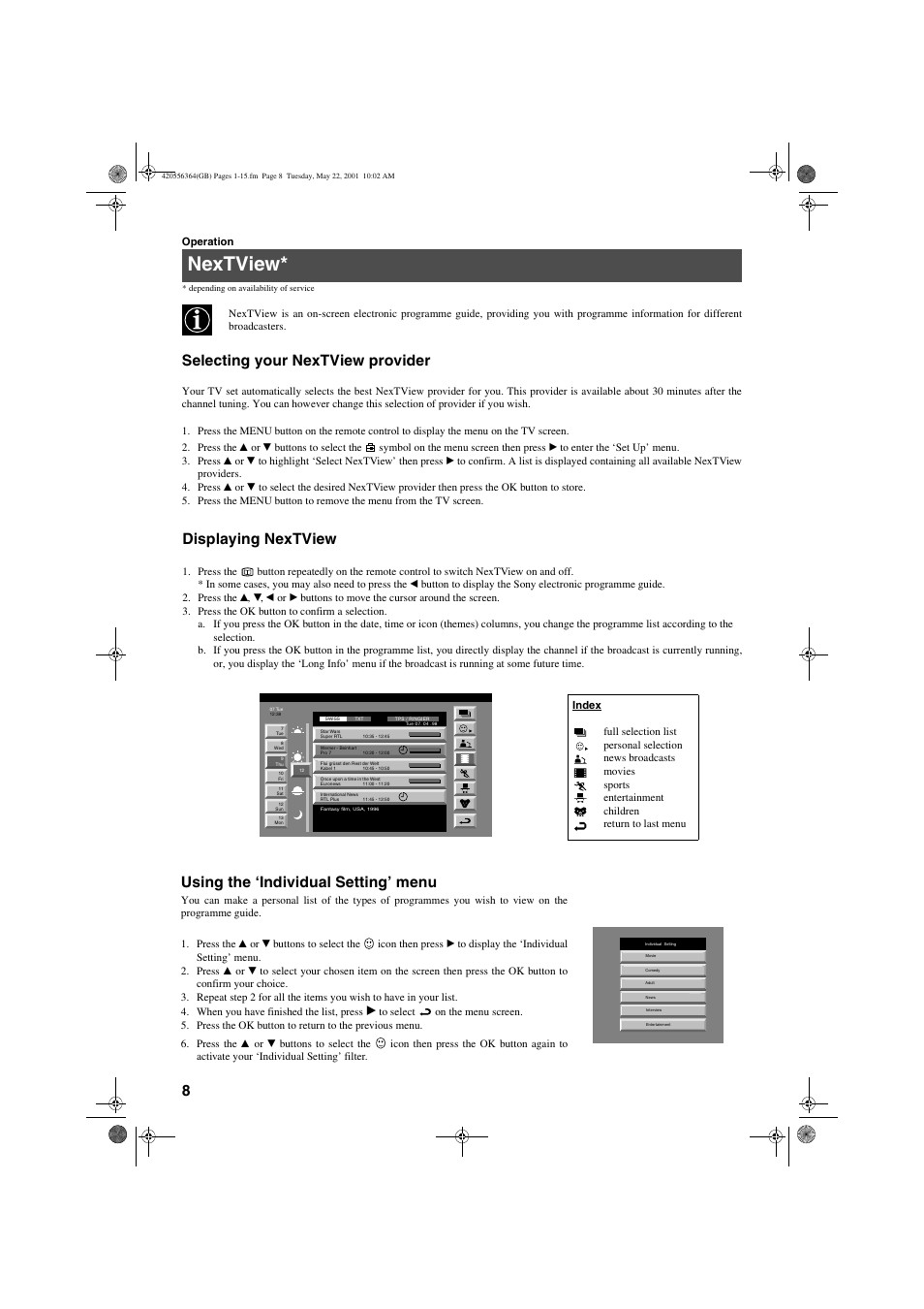 Nextview, Selecting your nextview provider, Displaying nextview | Using the ‘individual setting’ menu | Sony FD Trinitron KV-32FQ75 U User Manual | Page 12 / 30