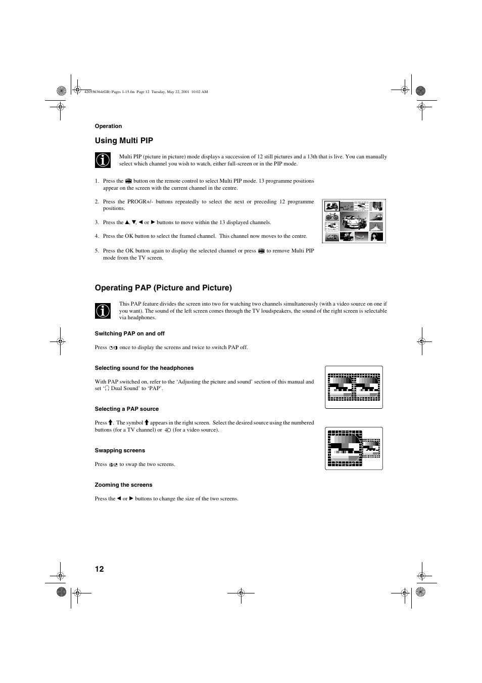 Using multi pip, Operating pap (picture and picture) | Sony FD Trinitron KV-32FQ75 U User Manual | Page 16 / 30