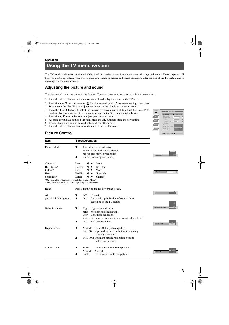 Using the tv menu system, Adjusting the picture and sound, Picture control | Sony FD Trinitron KV-32FQ75 U User Manual | Page 17 / 30