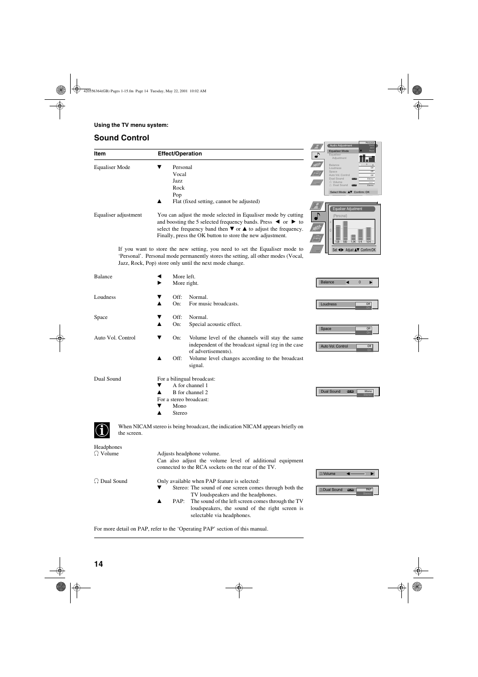 Sound control | Sony FD Trinitron KV-32FQ75 U User Manual | Page 18 / 30