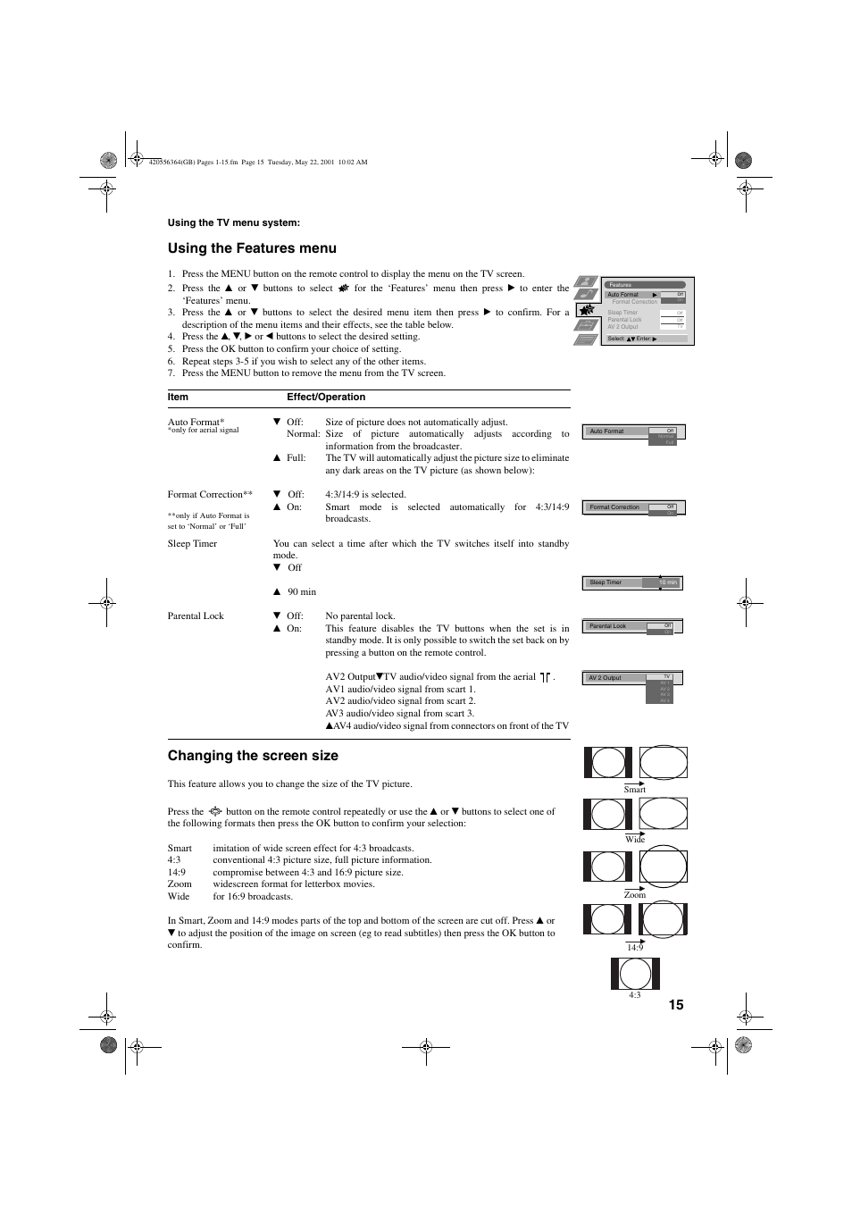 Using the features menu, Changing the screen size | Sony FD Trinitron KV-32FQ75 U User Manual | Page 19 / 30