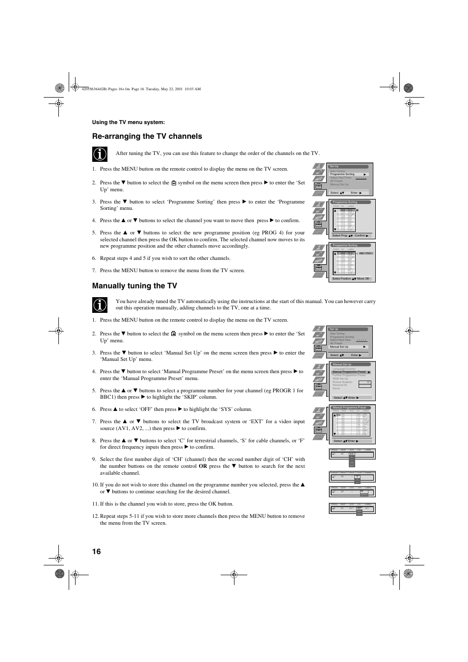 Re-arranging the tv channels, Manually tuning the tv, Using the tv menu system | Sony FD Trinitron KV-32FQ75 U User Manual | Page 20 / 30