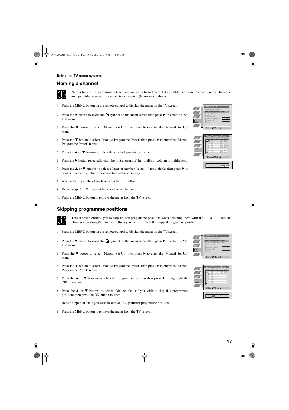 Naming a channel, Skipping programme positions, Using the tv menu system | Sony FD Trinitron KV-32FQ75 U User Manual | Page 21 / 30