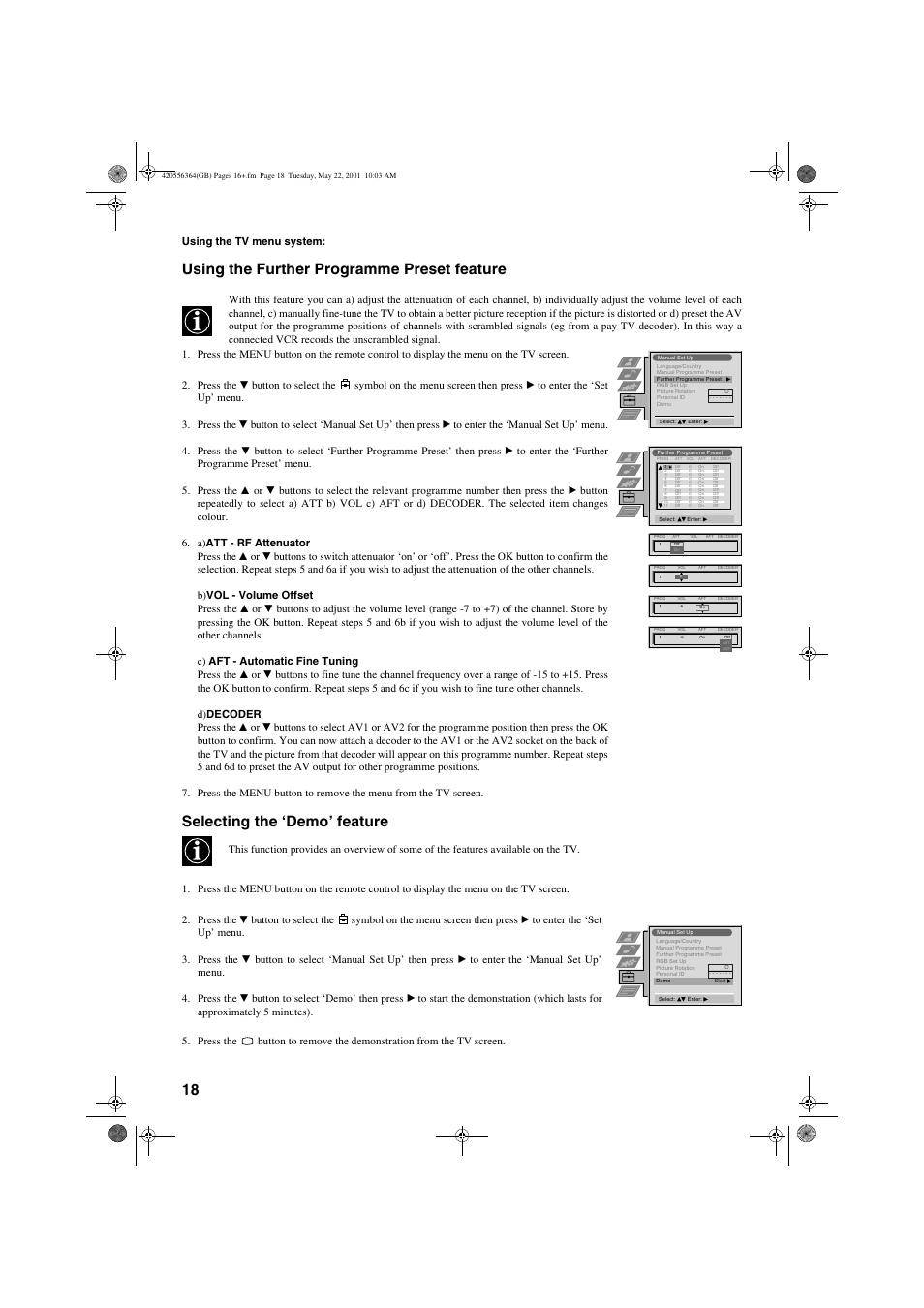 Using the further programme preset feature, Selecting the ‘demo’ feature, Using the tv menu system | Sony FD Trinitron KV-32FQ75 U User Manual | Page 22 / 30