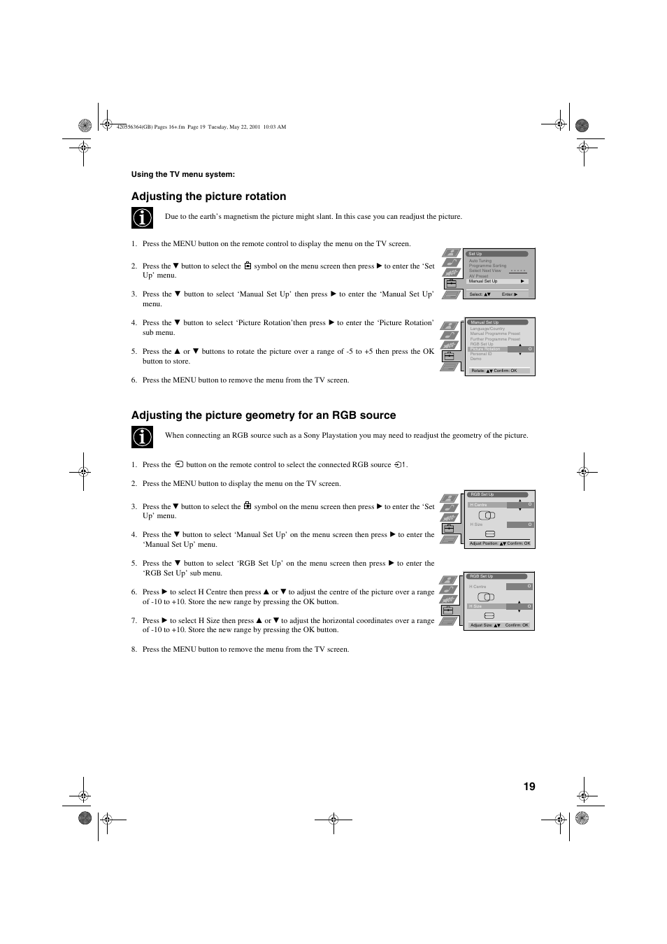 Adjusting the picture geometry for an rgb source, Adjusting the picture rotation | Sony FD Trinitron KV-32FQ75 U User Manual | Page 23 / 30